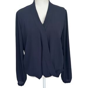 Veronica M. Navy Blue V-Neck Drape Front Long Blouse Top Womens Size Small